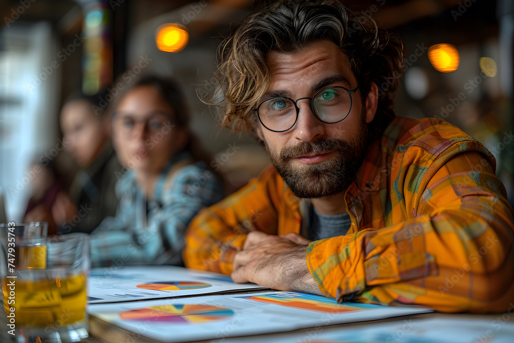 Obraz premium Portrait of a handsome bearded man with glasses sitting in a pub