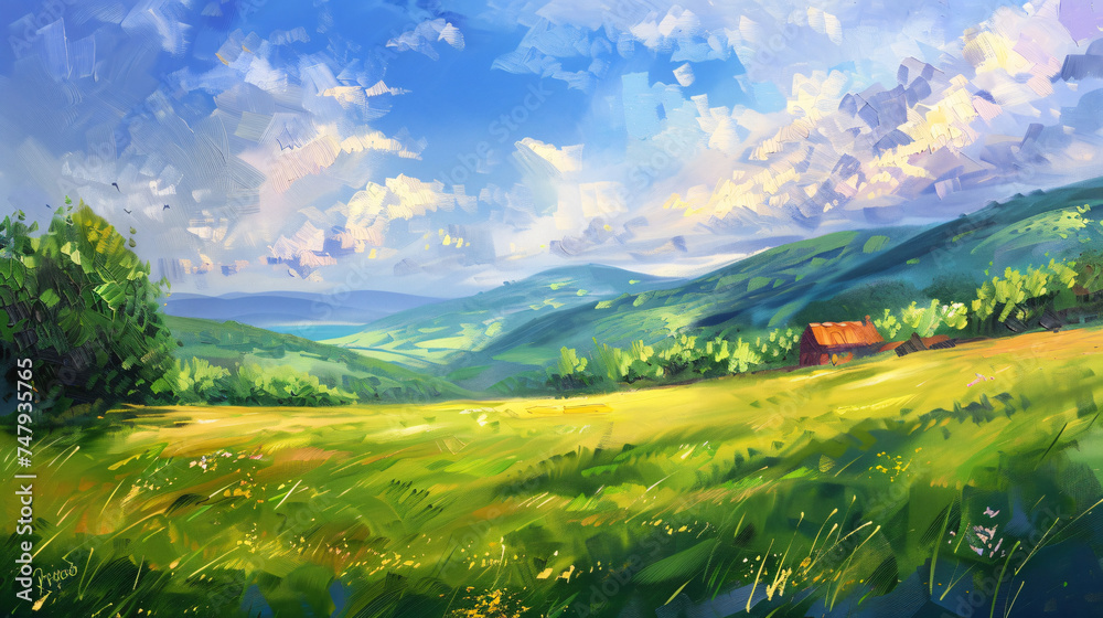 Oil painting landscape art. Rural mountain 