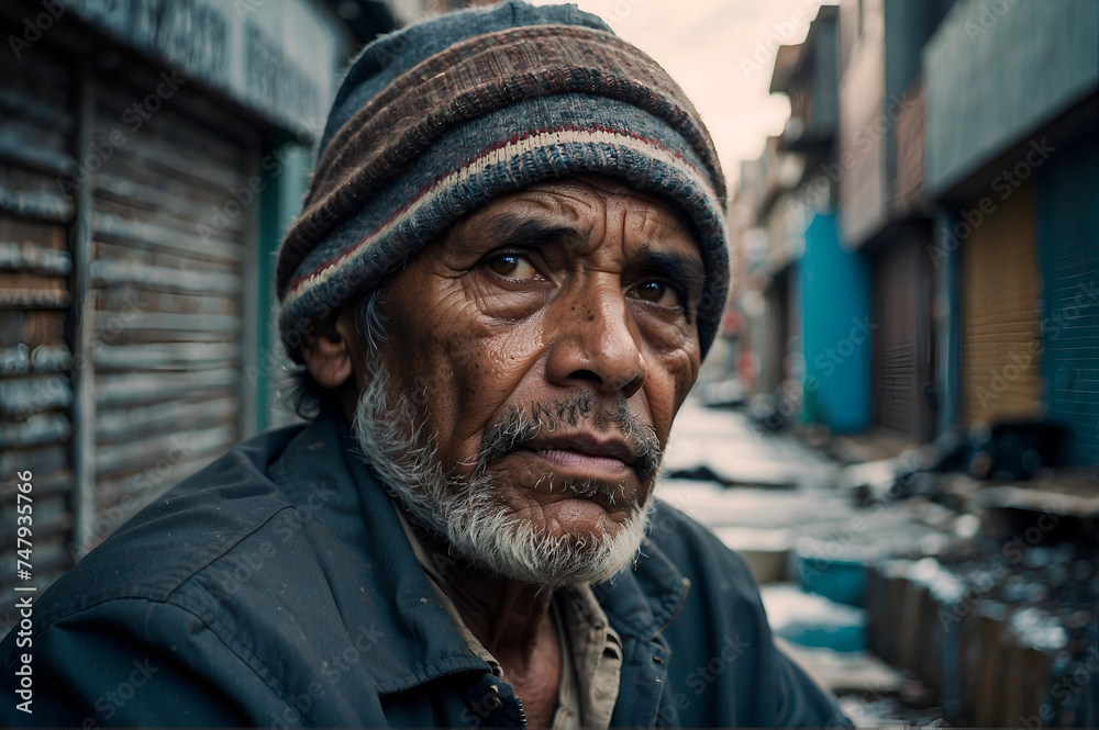 An elderly homeless man outdoors in a dirty alley looking at the camera. An elderly homeless man outdoors in a dirty alley looking at the camera.