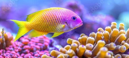 Vibrant damselfish gracefully swimming among colorful corals in a captivating saltwater aquarium. photo