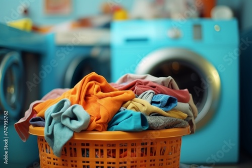 Laundry basket on blurred background of a modern washing machine in a spacious laundry room setting