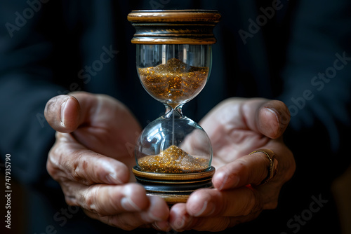 Close up of male hands holding hourglass with sand inside. Time passing concept