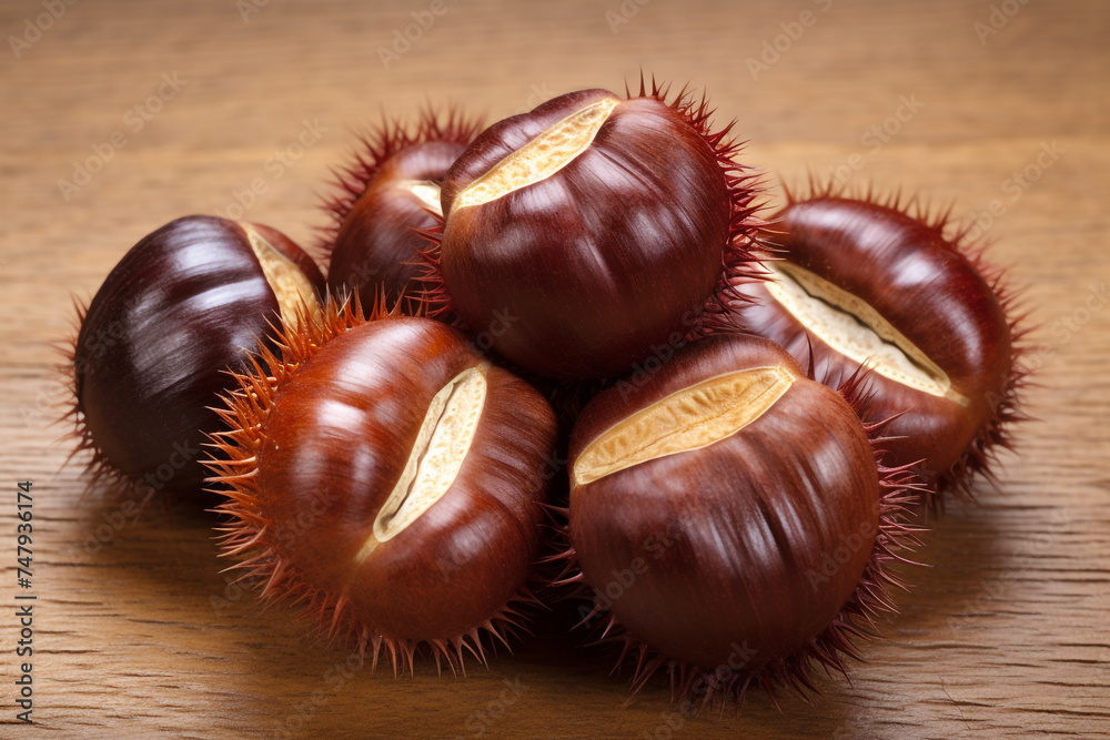 realistic photo of Chestnuts, rustic bacground, top view, copy space сreated with Generative Ai realistic photo of Chestnuts, rustic bacground, top view, copy space сreated with Generative Ai