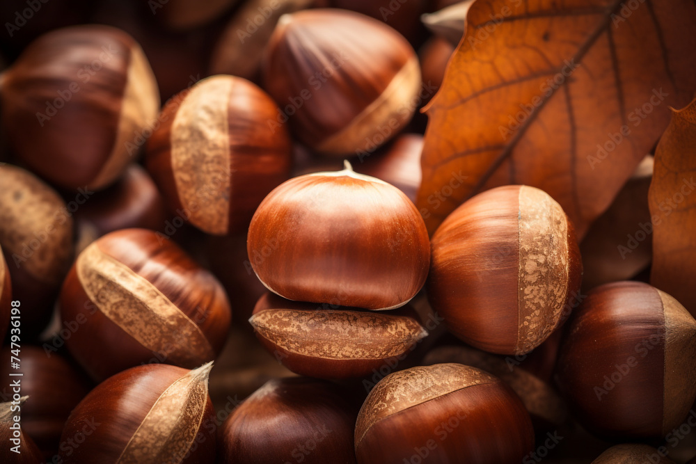 realistic photo of Chestnuts, rustic bacground, top view, copy space сreated with Generative Ai
