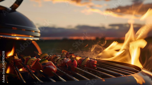 Barbecue Ingredients Grilling in Sunset Light Close-Up