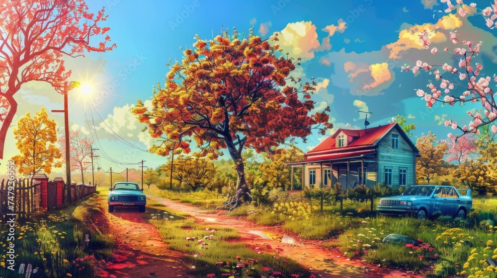 A peaceful scene of a house and car on a dirt road. Suitable for various rural themes