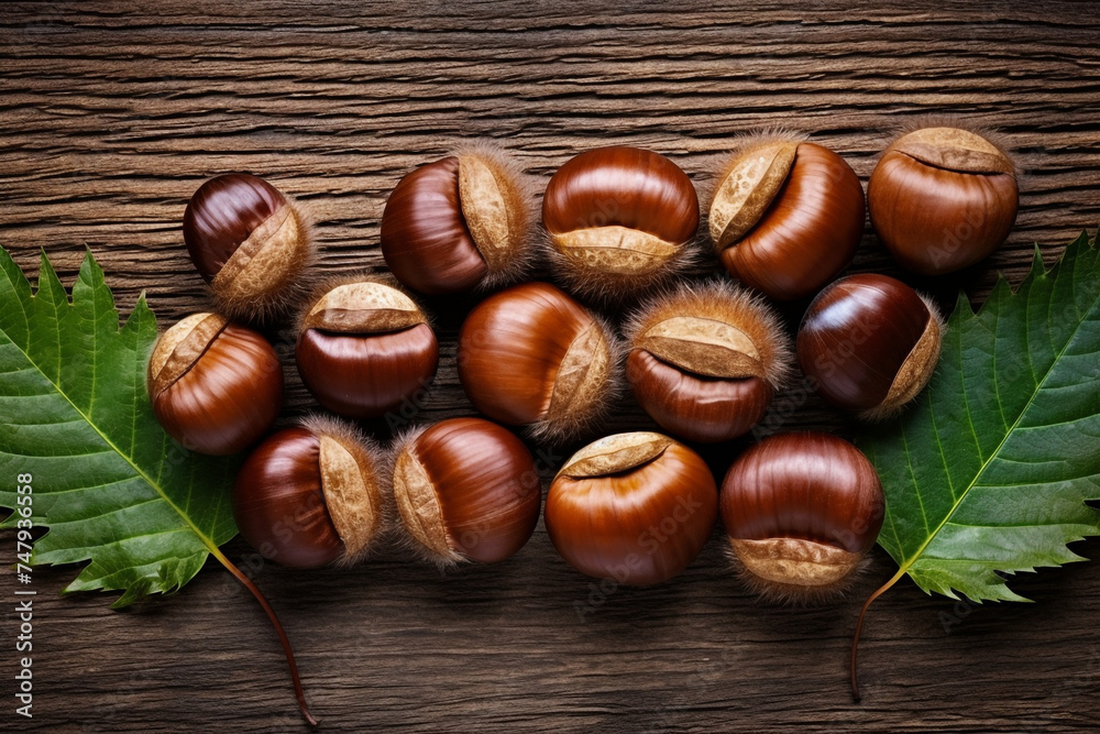 realistic photo of Chestnuts, rustic bacground, top view, copy space сreated with Generative Ai realistic photo of Chestnuts, rustic bacground, top view, copy space сreated with Generative Ai