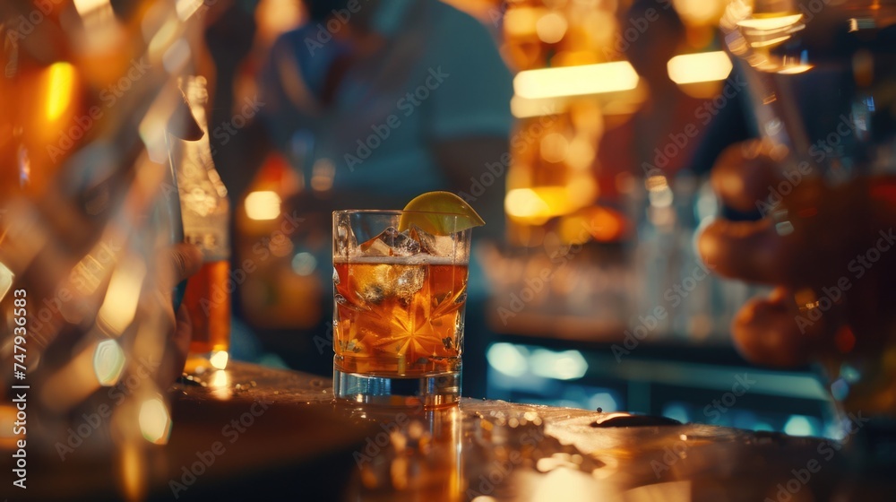 Close up of a glass of alcohol on a bar. Perfect for beverage industry promotions