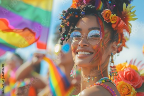 Smiling Woman with Rainbow Flag at Pride Parade 