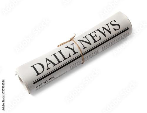 Rolled Business Newspaper with the headline News isolated, Daily Newspaper mock-up concept, PNG transparency with shadow