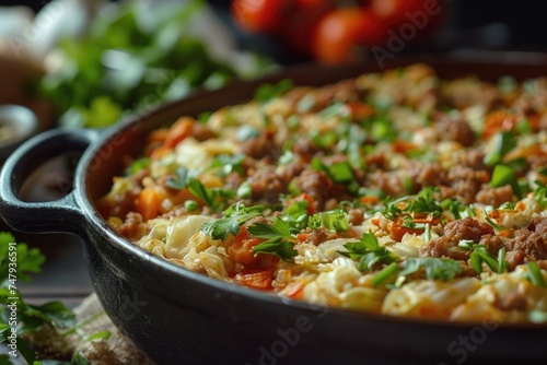 A pan filled with food on a table. Ideal for food blogs or recipe websites