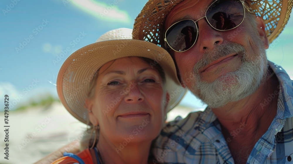A couple wearing stylish hats and sunglasses. Perfect for fashion or travel concepts