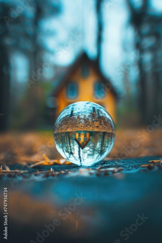 Glass ball on the ground in front of a house. Suitable for real estate concepts © Fotograf
