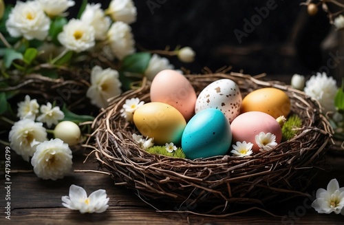 the decoration Happy Easter concept, colorful decoration eggs on the nest, the spring flowers around the nest. all of them on the wood background © Pham Ty