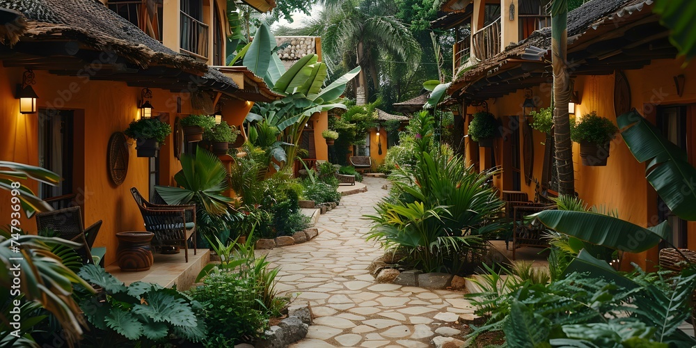 Travel destination in Kenya luxury resort featuring traditional decor and lush landscaping. Concept Kenya, Luxury Resort, Traditional Decor, Lush Landscaping, Travel Destination