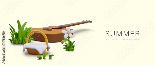 Concept of summer vacation. Realistic guitar lies in grass, basket with food, flowers
