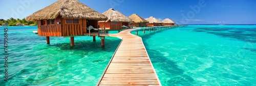 Scenic wooden walkway over turquoise ocean to overwater bungalows at tropical resort © Andrei