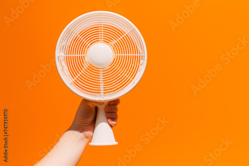 A woman's hand holding a small white fan to cool the air on a hot summer day photo