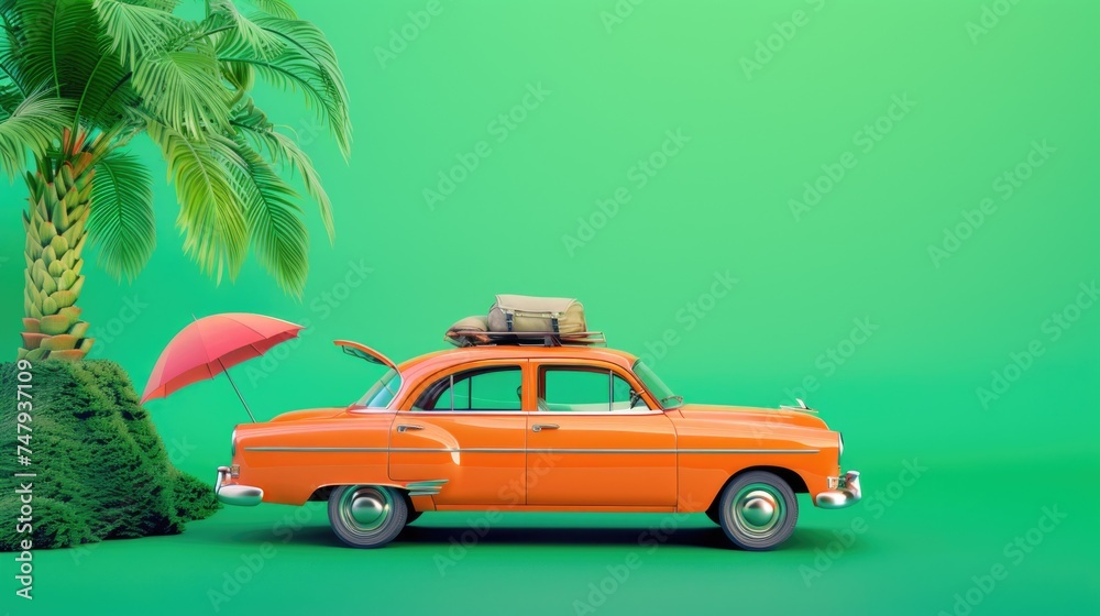 An orange car with luggage on top, perfect for travel concepts