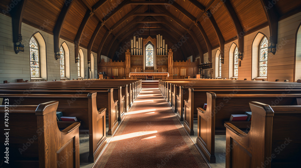 Empty church with wooden pews facing down.