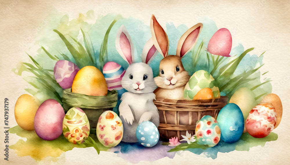 Auguri di Pasqua- Poster Vintage con Acquerelli, Simpatico Coniglietto e Uova Dipinte