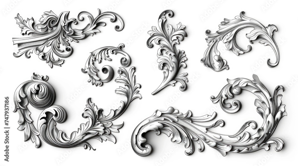 Elegant ornate scrolls on a clean white backdrop, perfect for design projects Elegant ornate scrolls on a clean white backdrop, perfect for design projects