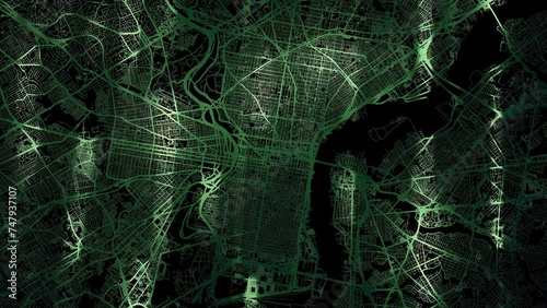 Zoom in road map of Philadelphia Pennsylvania with green glowing roads on a black background.