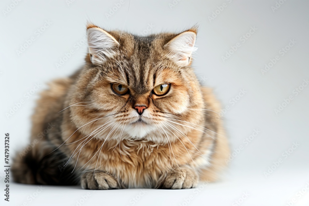 Cat with a dissatisfied face looking at camera, Chubby tabby Cat Sitting, on white background Cat with a dissatisfied face looking at camera, Chubby tabby Cat Sitting, on white background