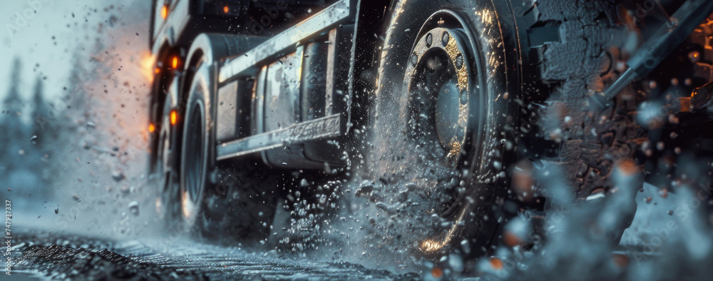 A large truck driving down a wet road, suitable for transportation concepts - obrazy, fototapety, plakaty 