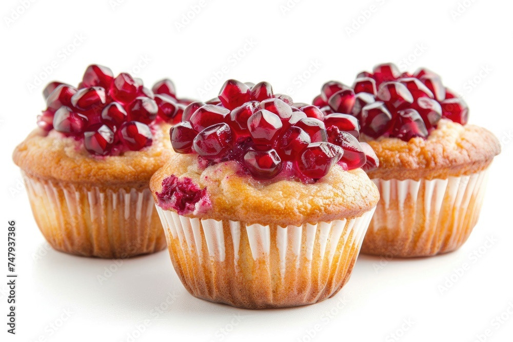 Three cupcakes topped with pomegranate on a white surface. Ideal for food blogs or dessert recipes