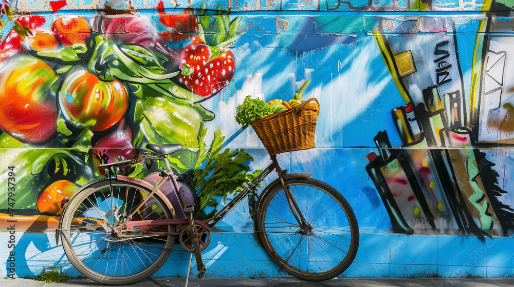 Fototapeta premium Urban Lifestyle Scene, Bicycle Against Colorful Street Art Wall with Fresh vegetables and fruits