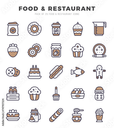 Set of Food and Restaurant Icons. Simple Two Color art style icons pack.