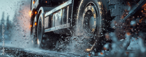A large truck driving down a wet road, suitable for transportation concepts