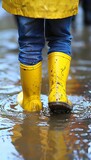 Child in vibrant rain boots gleefully leaps into large puddle, creating splash with text space