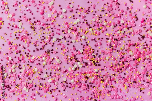 Colorful pink sprinkles and confetti on a pink surface. Perfect for birthday celebrations