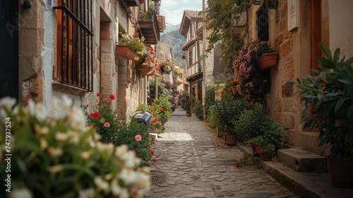 A charming cobblestone street with lush potted plants  ideal for urban and travel themes