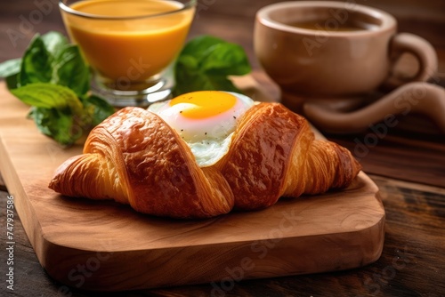 Breakfast with fried eggs, coffee, orange juice, croissant.