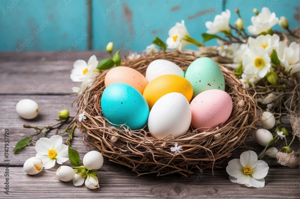 the decoration Happy Easter concept, colorful decoration eggs on the nest, the spring flowers around the nest. all of them on the wood background