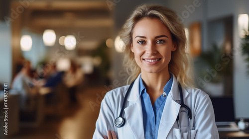 Medical concept of Indian beautiful female doctor in white coat with stethoscope, waist up. Medical student. Woman hospital worker looking at camera and smiling, studio, gray background photo