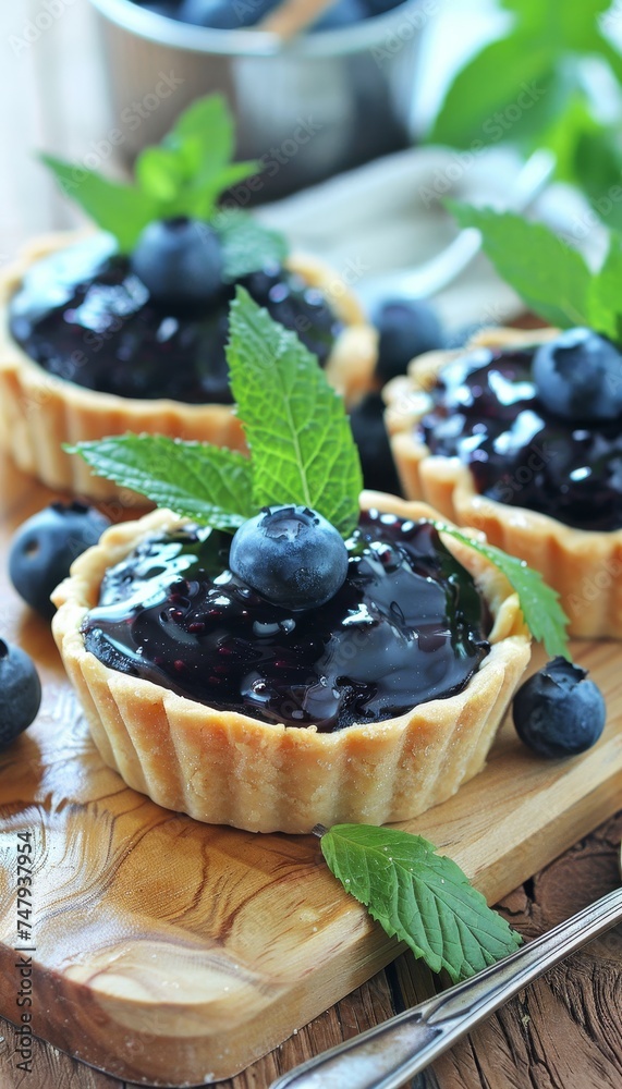 Blueberry mini tart on white cutting board with vintage teaspoons, top view for bakery menu cover