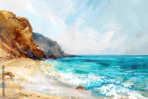 A serene painting of a beach with a majestic cliff in the background. Ideal for travel and nature concepts