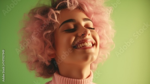 Portrait of a woman with pink hair and a pink sweater, perfect for lifestyle and fashion blogs