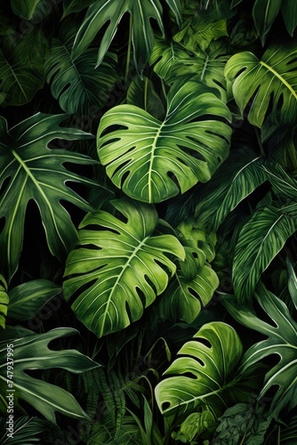 Vibrant green leaves contrast against a dark black background, perfect for nature or environmental themes