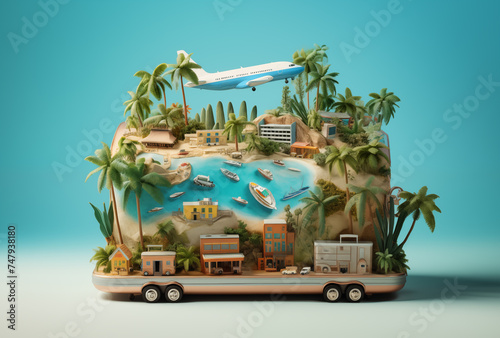 Airplane with beach resort and islands traveling over a suitcase, in the style of lifelike renderings, pictorial dreams. Travel and vacation for the holidays