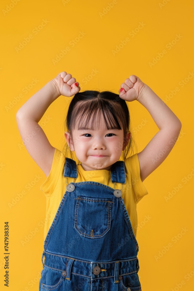 A young girl wearing a yellow shirt and blue overalls. Ideal for children's fashion or back-to-school themes A young girl wearing a yellow shirt and blue overalls. Ideal for children's fashion or back-to-school themes