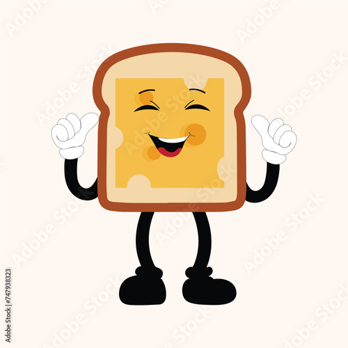 Happy Bread Slice Cartoon Mascot Character, Funny Sandwich Cartoon Vintage Bread Character Retro Style Bread Logo Vector Illustration 60s 70s Bread Retro Style