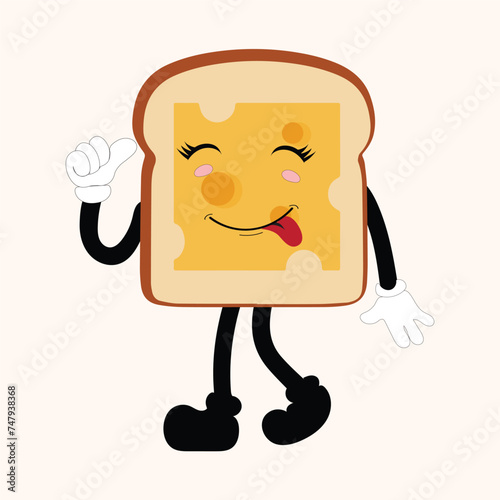 Happy Bread Slice Cartoon Mascot Character, Funny Sandwich Cartoon Vintage Bread Character Retro Style Bread Logo Vector Illustration 60s 70s Bread Retro Style