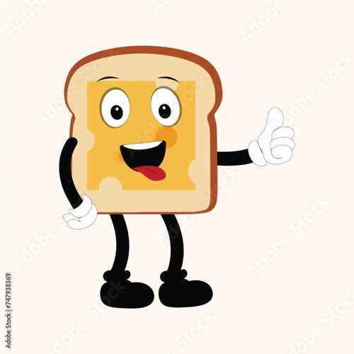 Happy Bread Slice Cartoon Mascot Character, Funny Sandwich Cartoon Vintage Bread Character Retro Style Bread Logo Vector Illustration 60s 70s Bread Retro Style
