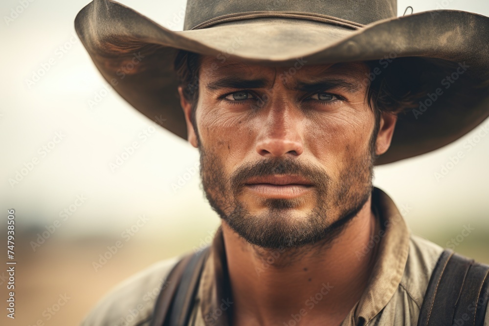 A man in a cowboy hat looking directly at the camera. Suitable for western-themed projects A man in a cowboy hat looking directly at the camera. Suitable for western-themed projects