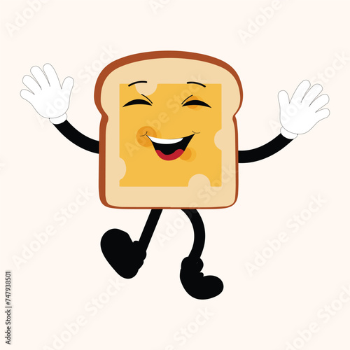 Happy Bread Slice Cartoon Mascot Character, Funny Sandwich Cartoon Vintage Bread Character Retro Style Bread Logo Vector Illustration 60s 70s Bread Retro Style